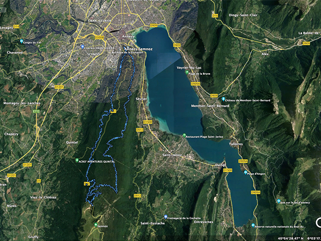 Carte de l'itinéraire cyclable Annecy-le-Vieux en boucle par le Mont-Verrier et le lac - rent-ebike-online.com
