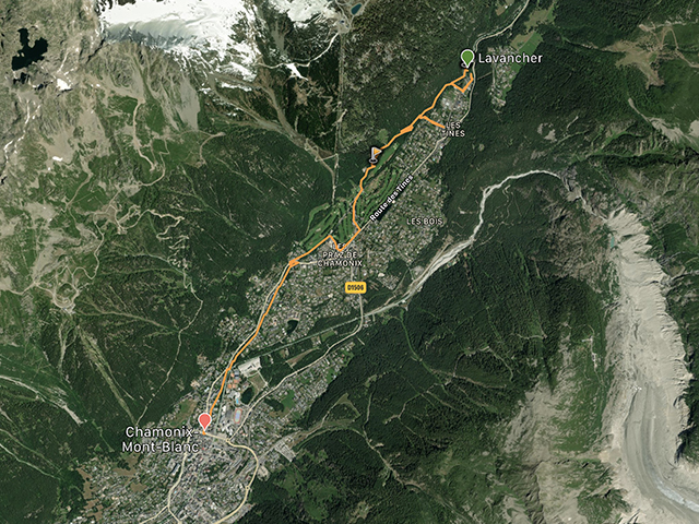 Carte de l'itinéraire cyclable Chamonix - Les Tines | rent-ebike-online.com