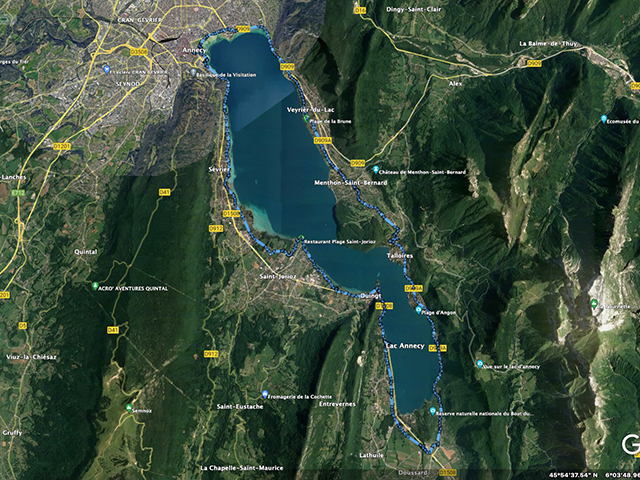 Carte de l'itinéraire cyclable autour du lac d'Annecy - rent-ebike-online.com